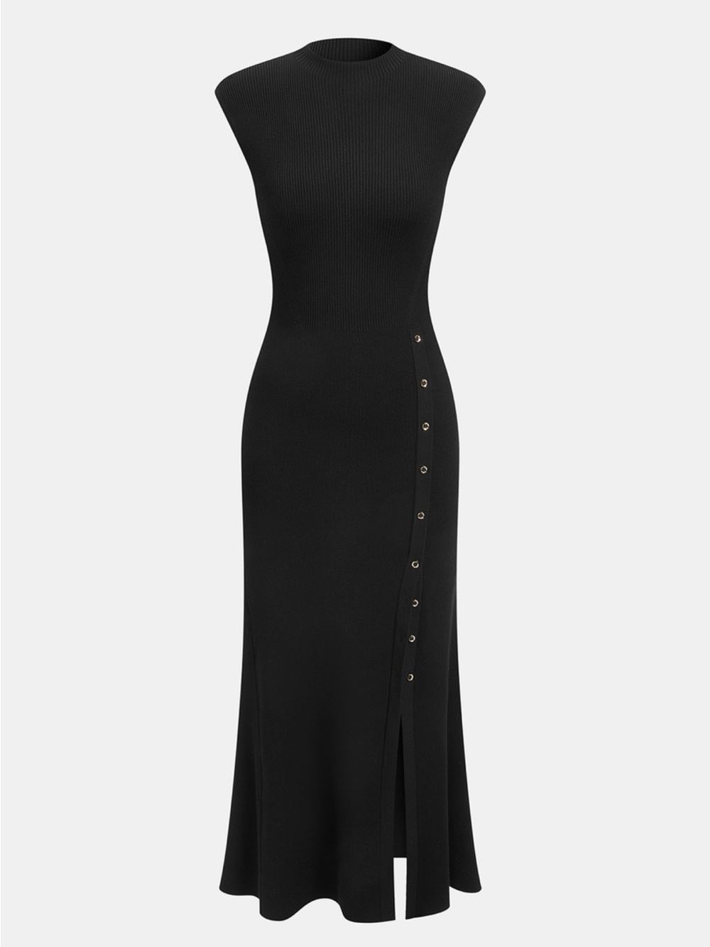 Commense Black Button Detail Cap Sleeve Rib Knit Maxi Dress